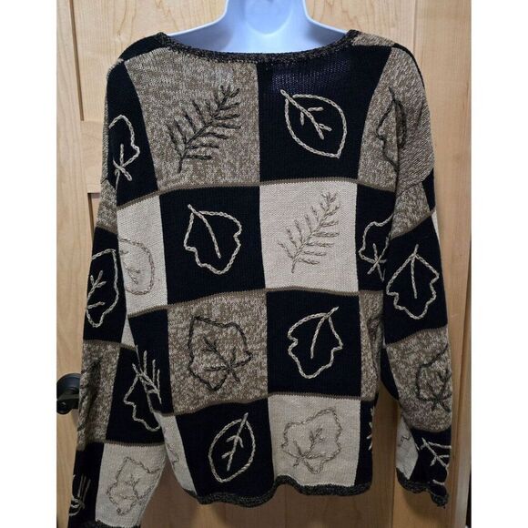 Vintage Christopher & Banks Leaf Pattern Cardigan Sweater Black & Tan Hand Embro - Picture 4 of 9